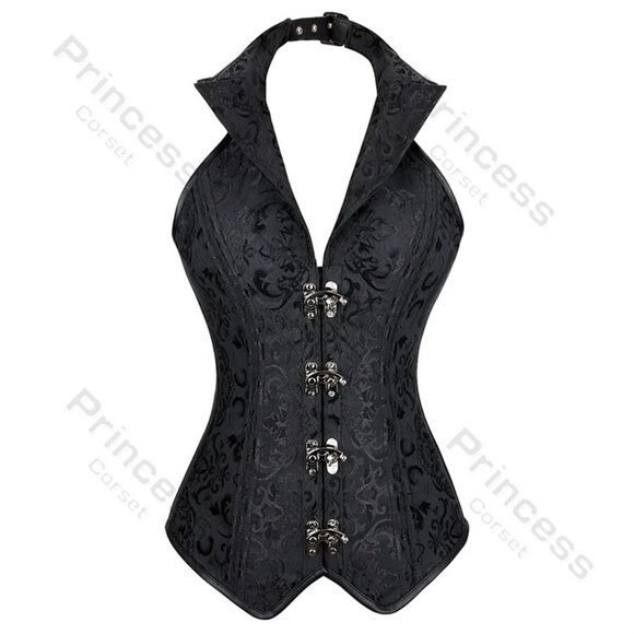 NWOT Women’s Collared Black Paisley Hourglass Corset, XXL (for sz 10-12) - Picture 1 of 5